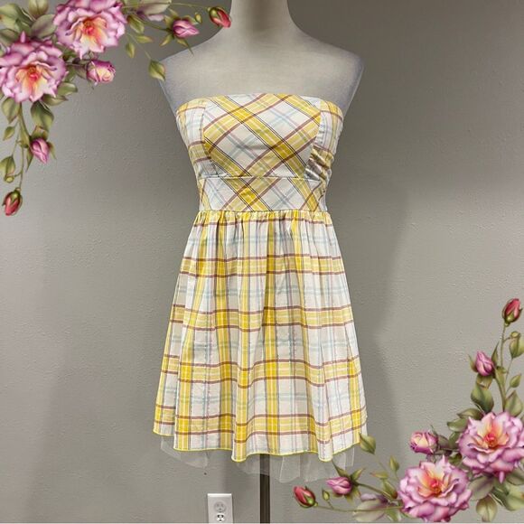 Strapless plaid Multicolor mini dress size extra small - Picture 1 of 13
